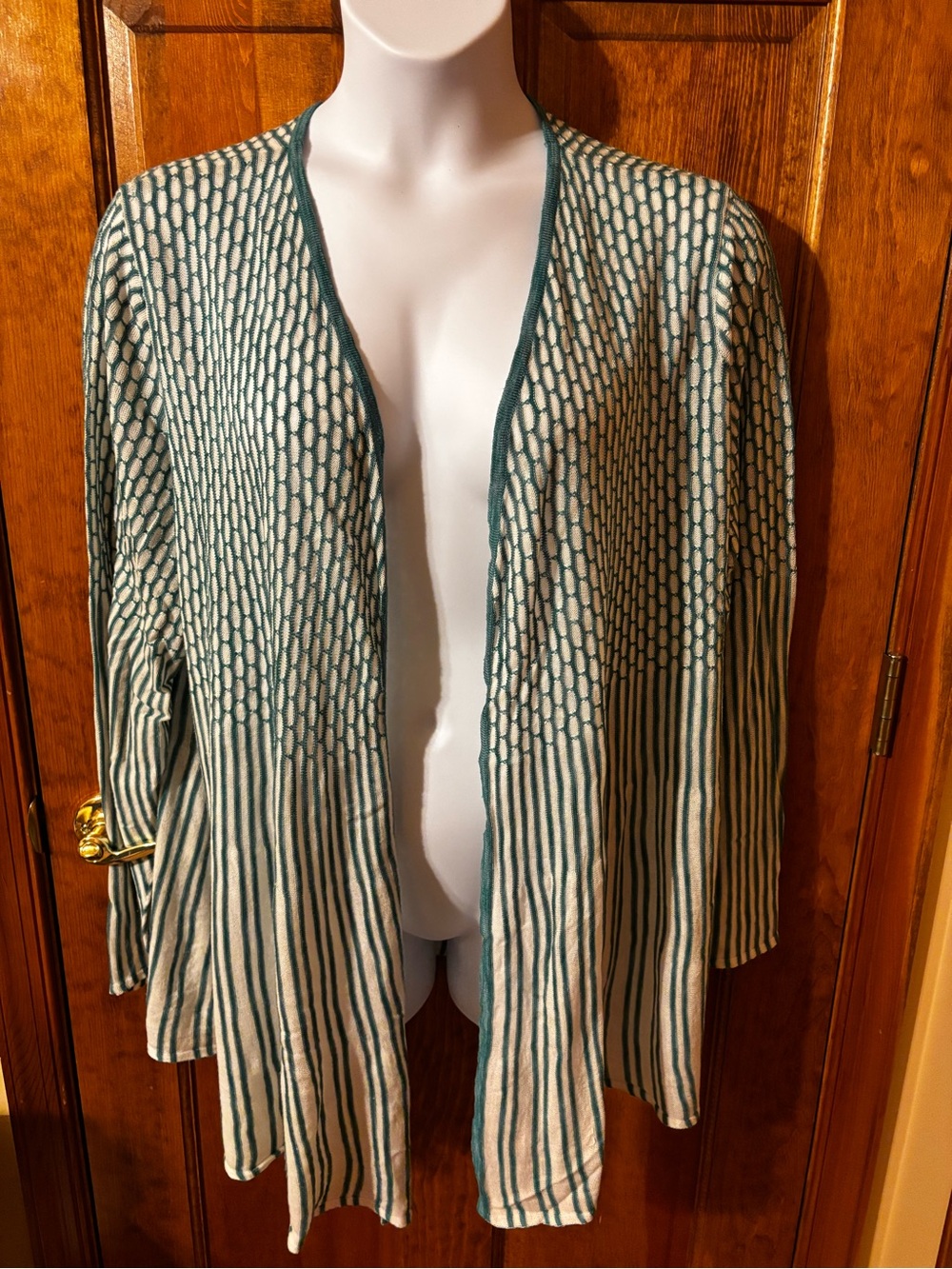 Catherines Green & Cream Open-Front Knit Cardigan